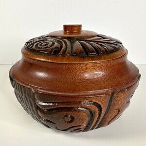 Handcarved Wooden Bowl with Lid Marked Honduras Finely Detailed
